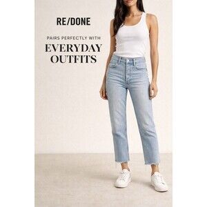 RE/DONE Vintage Inspired Straight Leg Jeans Raw Hem Cropped Light Wash Women's